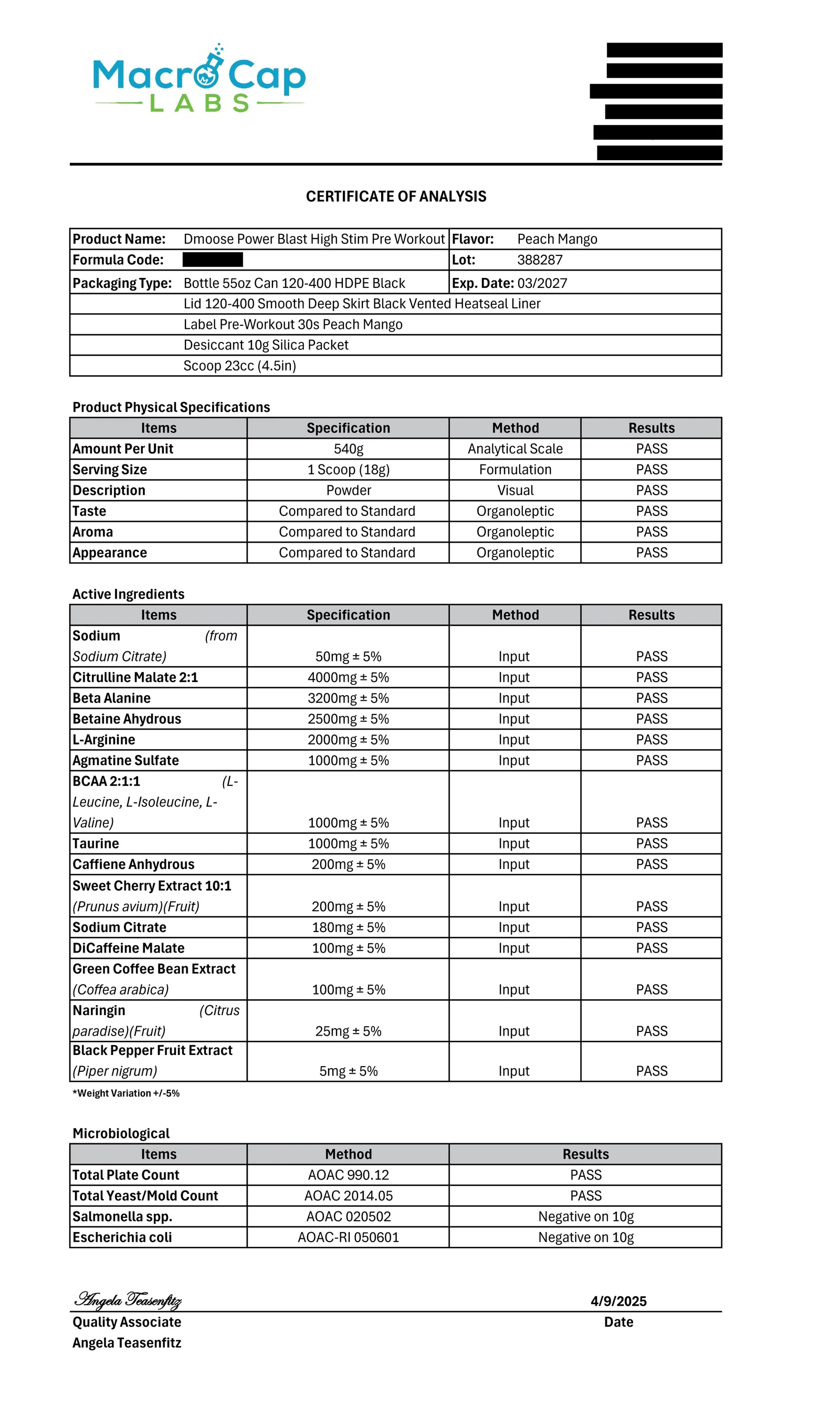 View ingredient verification test results